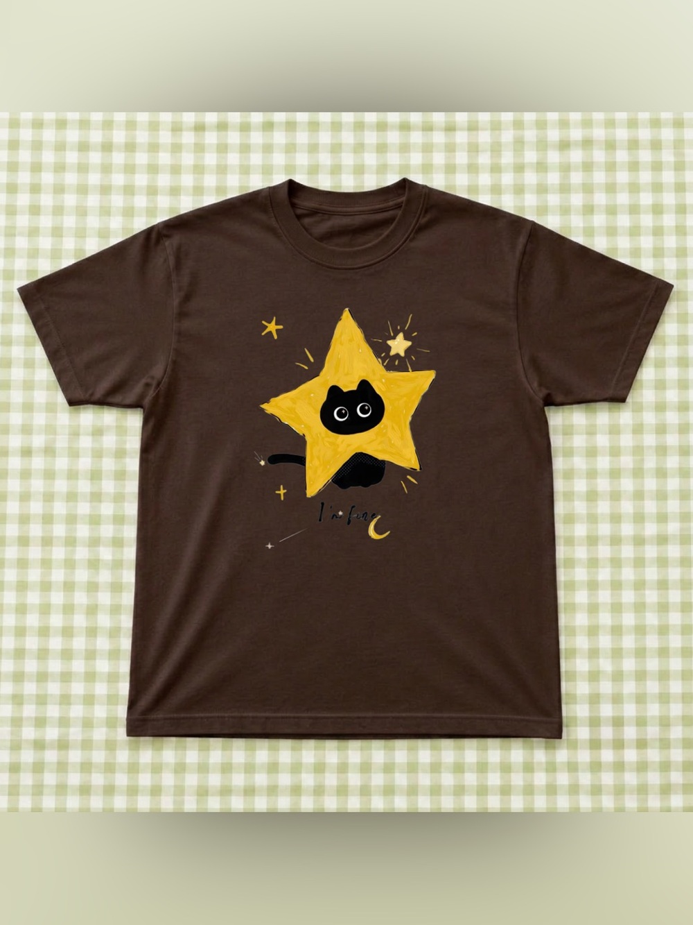 Dark Brown Cute T-Shirt with Yellow Star Cat Graphic